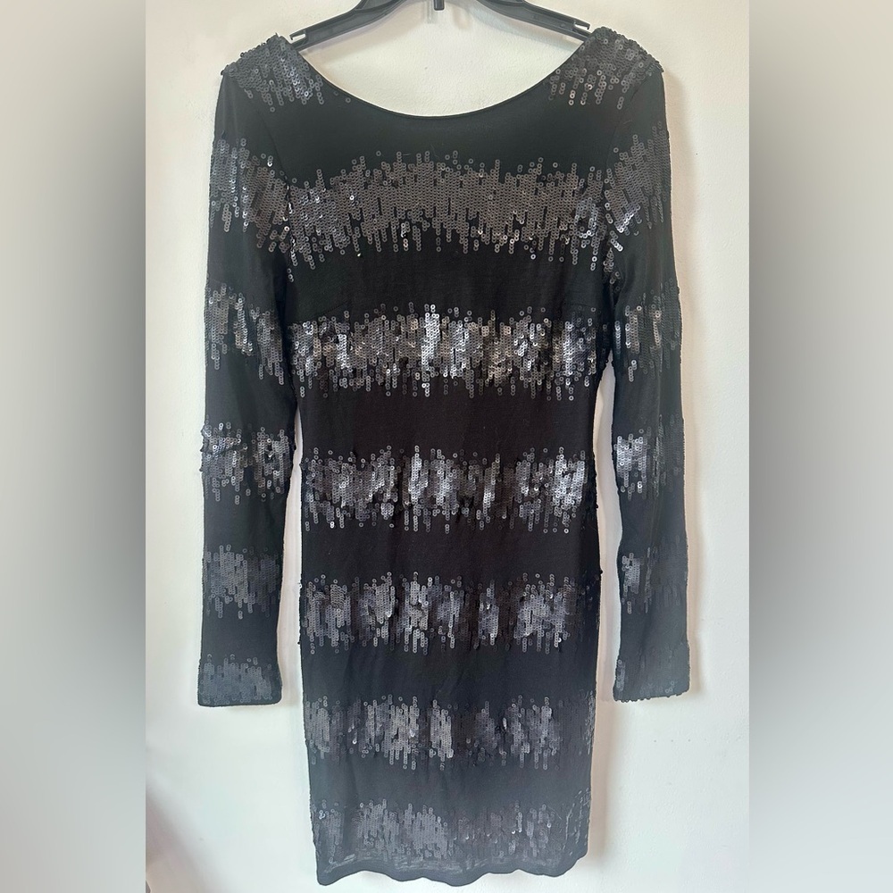 Badgley Mischka Black Sequin Jersey Long Sleeve Dress open Draped Back sz Small - Picture 8 of 9